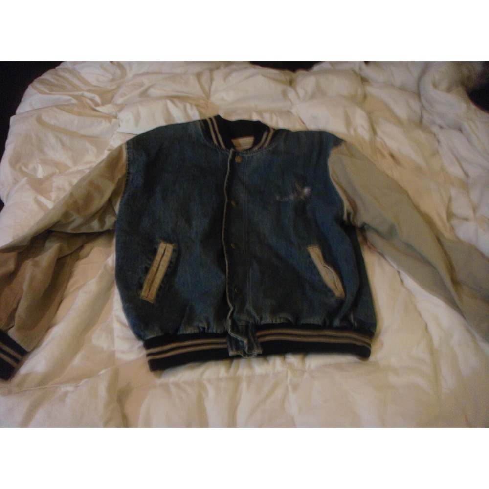 BUTTERFLY embroidered denim blue Jean varsity style‎ Jacket button front L 42-44